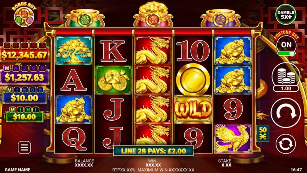 A screenshot of the slot reels in Fu Shen Zhu Fu. The background is the interior of a Chinese palace with deep red walls. In the foreground are the slot reels with playing cards and themed slot symbols. Above slot reel 1 is a green pot, above slot reel 3 is a red pot, and above slot reel 5 is a purple pot. To the left of the reels are the four jackpot prizes, and to the right are the various game interface options.