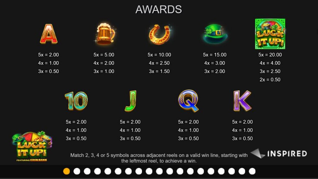 A screenshot of the Awards paytable in Luck It Up. The playing card and themed symbols, as well as their payouts, are displayed.
