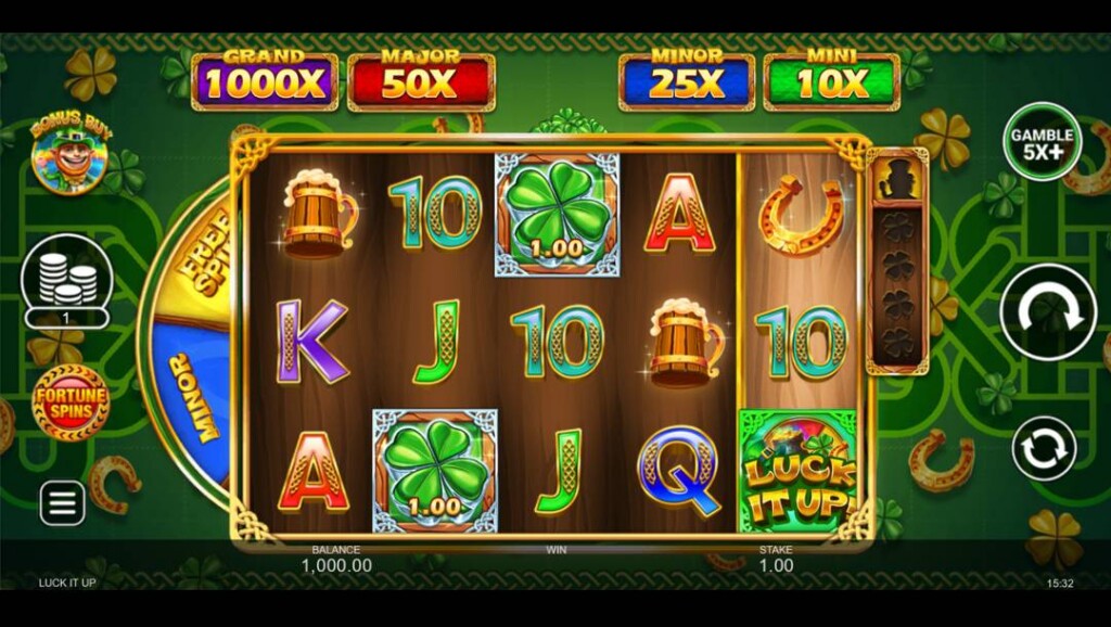 A screenshot of the slot reels in Luck It Up. The background is green with ornate designs and lucky symbols. In the foreground are the slot reels with beer mugs, four-leaf clovers, Luck It Up, symbols, and more. Above the reels are four jackpot prizes, while a lottery wheel is partially hidden from view on the left.