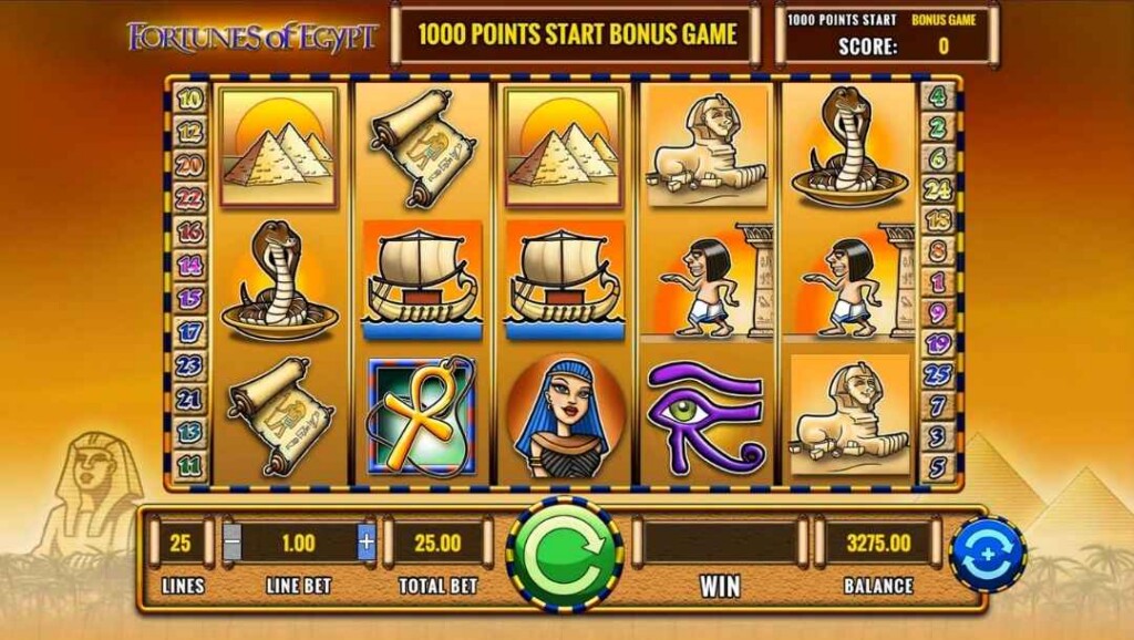 A screenshot of the slot reels in Fortunes of Egypt. The background shows the sphinx on the left and the pyramids on the right, with palm trees in front. Sand in the air creates a haze in front of these elements. In the foreground are the slot reels filled with Egyptian-themed slot symbols.