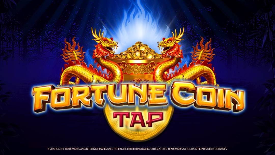 The Fortune Coin Cap header. A golden statue with two dragons and a bowl with golden coins above a golden coin. There are blue flames behind the bowl. The background is dark blue. The game title is in front of the dragons and bowl in a gold Asian-style font.