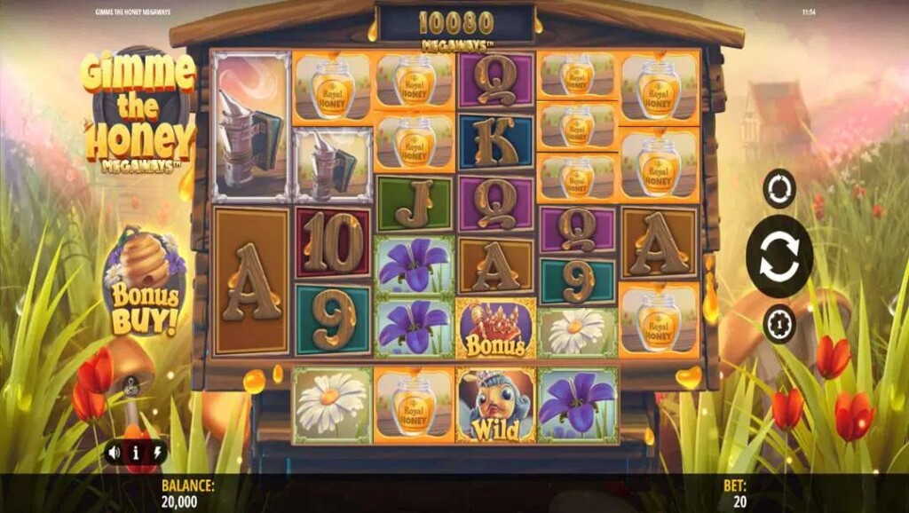 A screenshot of the slot reels in Gimme the Honey Megaways. The reels are stacked with honey jars, flowers, card symbols, and a Queen Bee Wild. The backdrop is a field with flowers and a house in the distance.