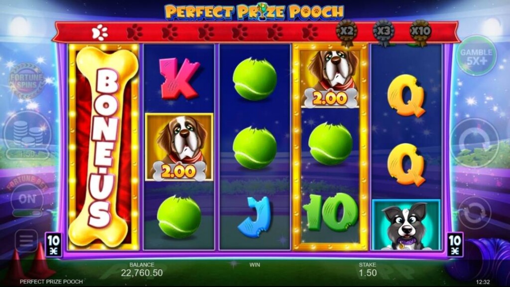 Perfect Prize Pooch slot game reels showing the Bone-Us bonus symbol alongside dog icons and tennis ball symbols during gameplay