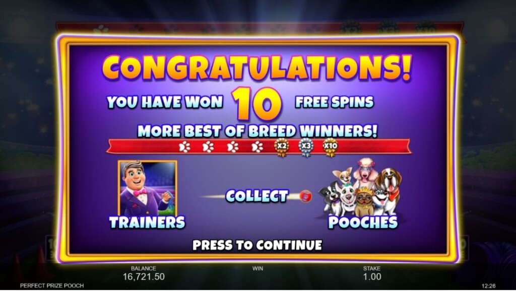 Perfect Prize Pooch slot game Free Spins screen showing a congratulations message awarding 10 Free Spins and the Best of Breed trail progress.