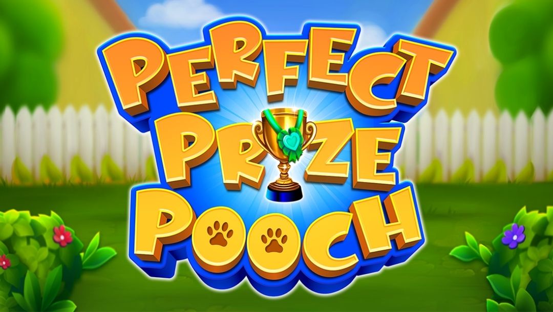 Perfect Prize Pooch slot game artwork showing a bright dog-show themed design with a gold trophy, paw prints, and colorful garden background.