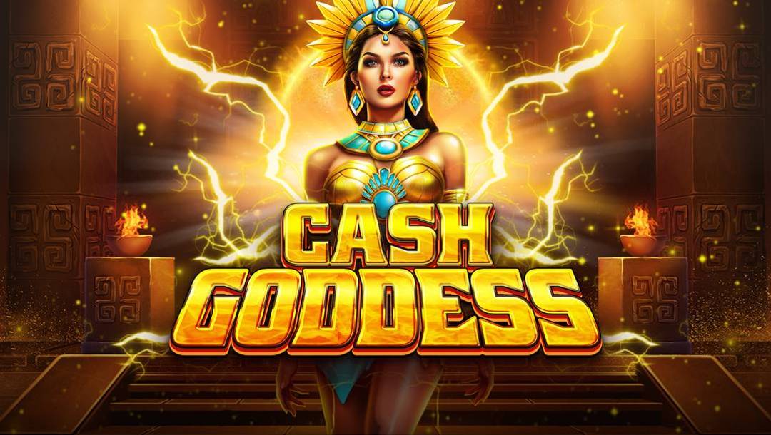 The Cash Goddess slot banner. The banner shows a beautiful Aztec priestess standing in front of a glowing gold portal in a dark temple. In front of the priestess is the game title “Cash Goddess”.