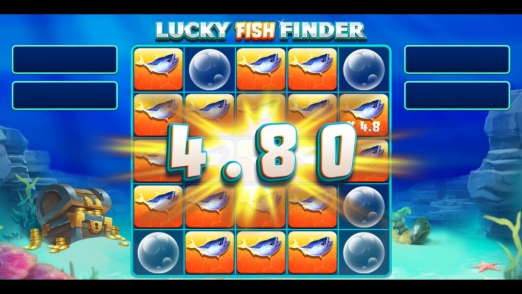Lucky Fish Finder slot game reels showing fish symbols and a highlighted 4.80 win in an underwater treasure-themed slot.