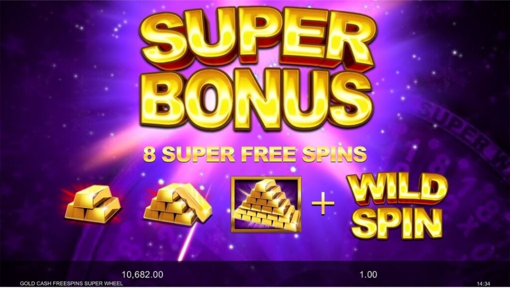 Gold Cash Freespins Superwheel slot game screen showing the Super Bonus feature with 8 Super Free Spins and a Wild Spin.