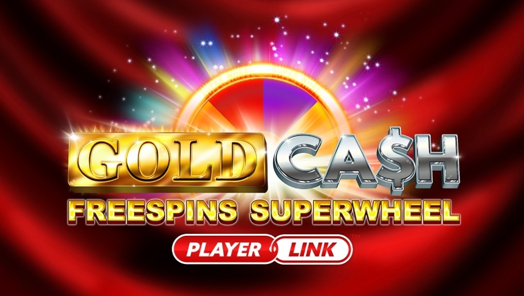 Gold Cash Freespins Superwheel slot game logo displayed in front of a colorful prize wheel background.