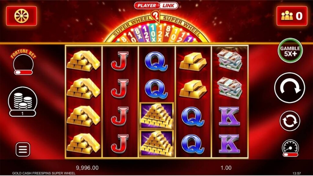 Gold Cash Freespins Superwheel slot game reels showing gold bars, cash stacks, and card symbols during gameplay.