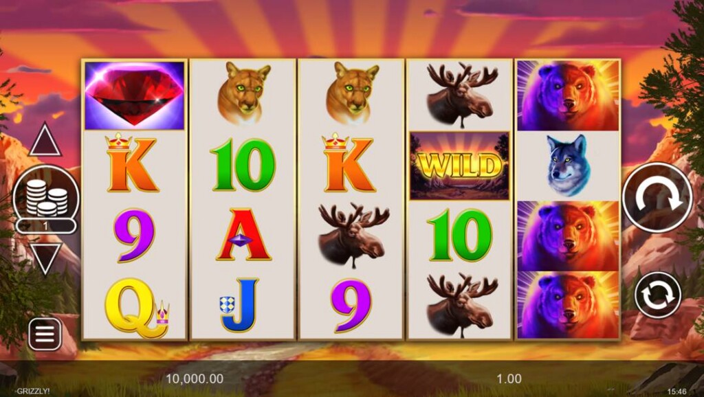 A screenshot of the Grizzly slot reels. The background shows the sun setting over a lush, rocky mountain setting. In the foreground are the slot reels with playing card and various animal slot symbols. 
