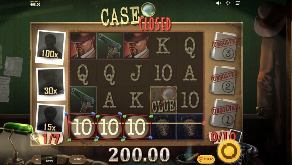 A screenshot of a win in the case closed slot game with the maximum bet active. The prize of $200 is displayed at the bottom of the detective-themed reel-set. 
