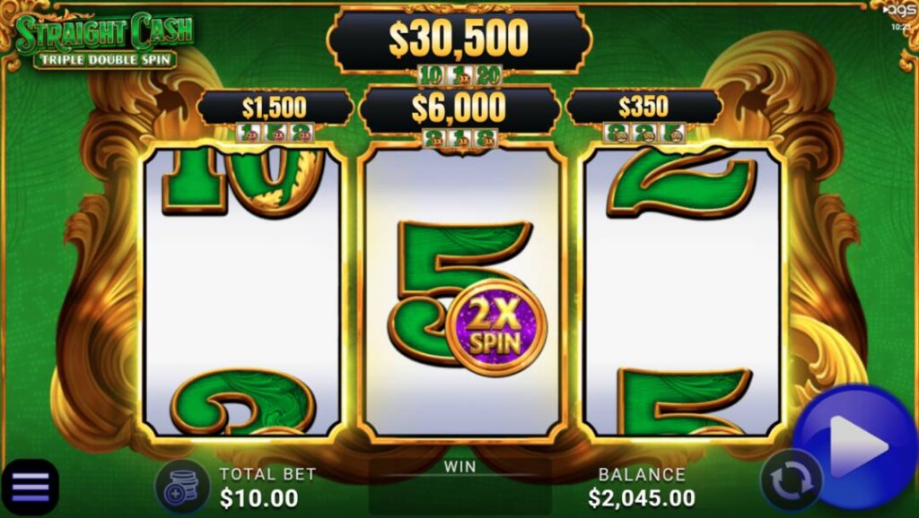 A screenshot of the slot reels in Straight Cash Triple Double Spin. The reels are set against a green background and are surrounded by an ornate golden frame. There is a single 5 symbol with a 2x spin icon on it in the middle reel. The rest of the numbers are partially obscured by the reels. Above the reels are the four jackpot prizes.