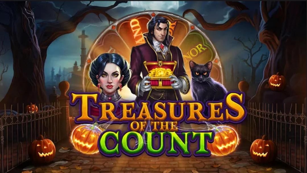 A promotional image for the Treasures of the Count slot game featuring a gothic cemetery background at night. In the center, a male vampire character holds an open treasure chest filled with gold coins, flanked by a female vampire and a black cat with glowing orange eyes. Behind them is a large, ornate prize wheel, and the foreground is decorated with glowing carved pumpkins. The game title, "Treasures of the Count," is displayed in large, bold lettering.