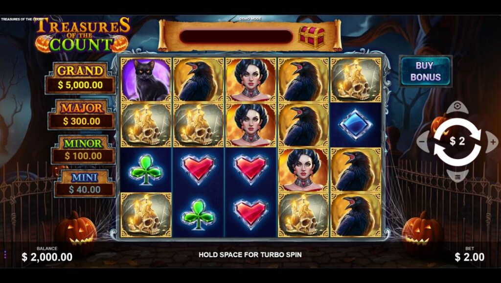 A screenshot of the Treasures of the Count slot reels. The game is set on a dark stone road in a spooky forest at night. The slot reels are filled with various themed symbols, such as black cats, skulls with candles, and crows, as well as gem-style playing card suits. There are four jackpot prizes listed to the left of the reels.