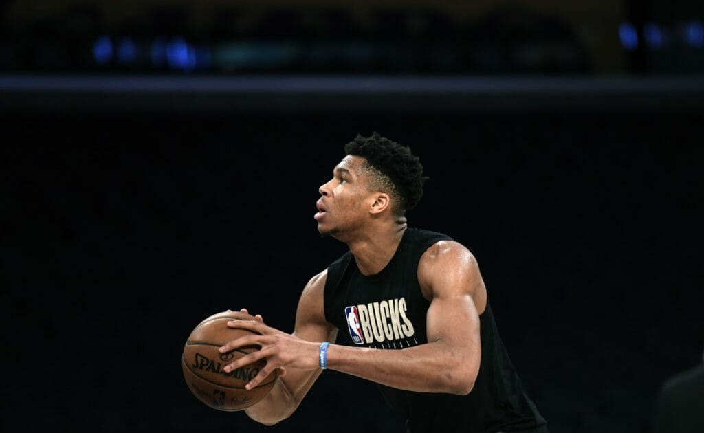 Giannis Antetokounmpo #34 of the Milwaukee Bucks warms up prior to the start of a basketball game