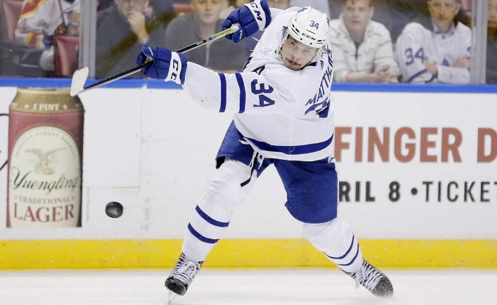 Auston Matthews #34 of the Toronto Maple Leafs takes a shot on goal against the Florida Panthers