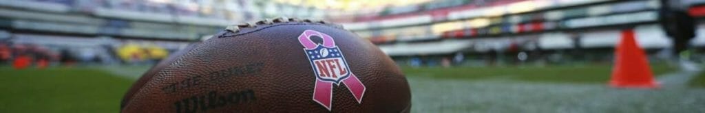 American football placed at the playing field.