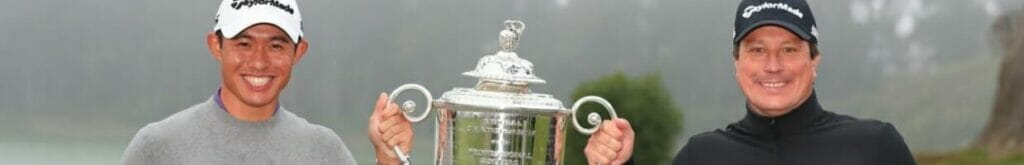 Collin Morikawa of the United States celebrates with the Wanamaker Trophy at 2020 PGA Championship August 2020