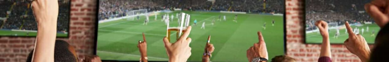 Rear view of fans watching a game in a sports bar on TV screens