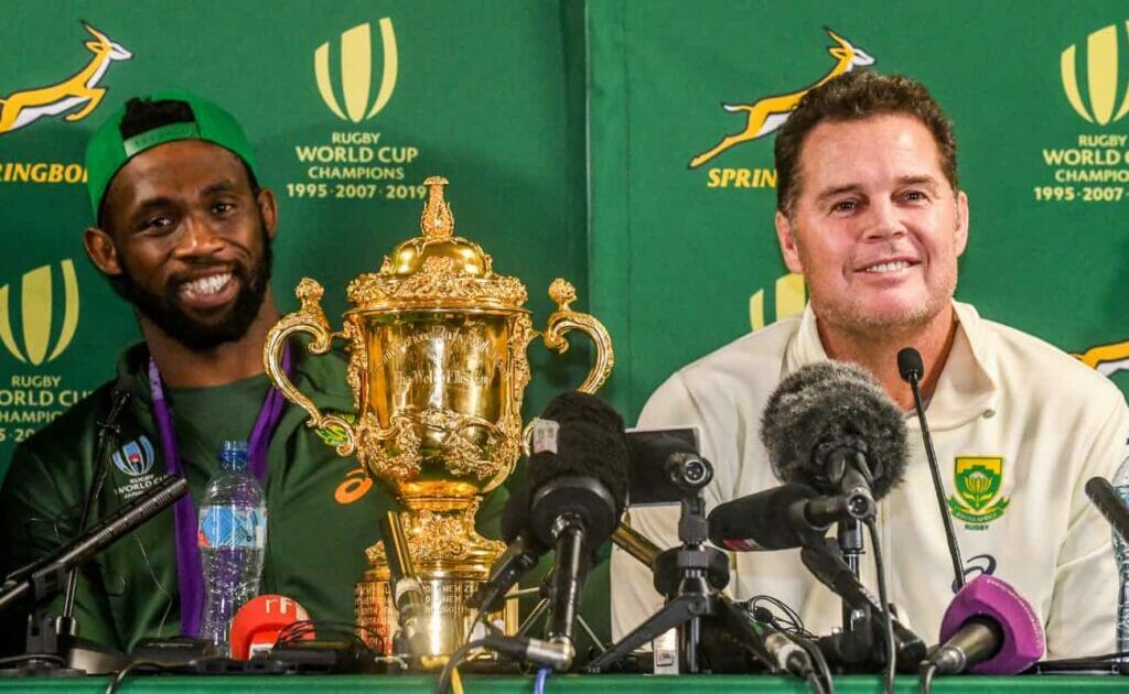 Siya Kolisi of the Springboks and Rassie Erasmus Springboks coach at OR Tambo International Airport in November 2019