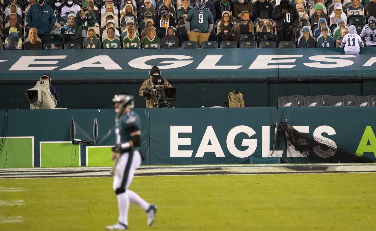 Carson Wentz #11 of the Philadelphia Eagles walks to the sidelines against the Dallas Cowboys at Lincoln Financial Field November, 2020. Photo by Mitchell Leff/Getty Images.