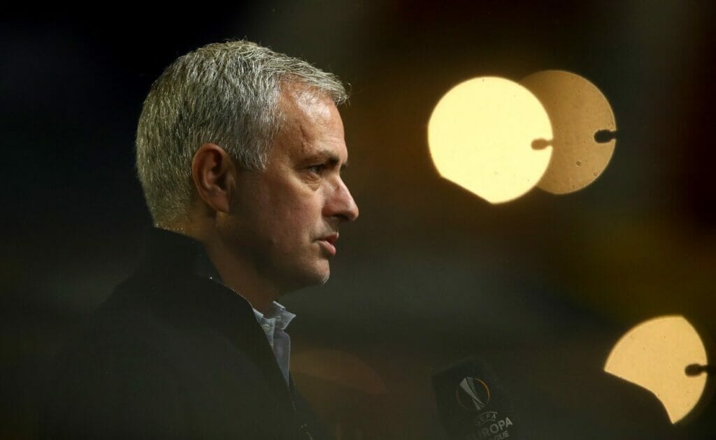 Jose Mourinho, Manager of Tottenham Hotspur being interviewed prior to the UEFA Europa League October 2020. Photo by Dean Mouhtaropoulos/Getty Images.