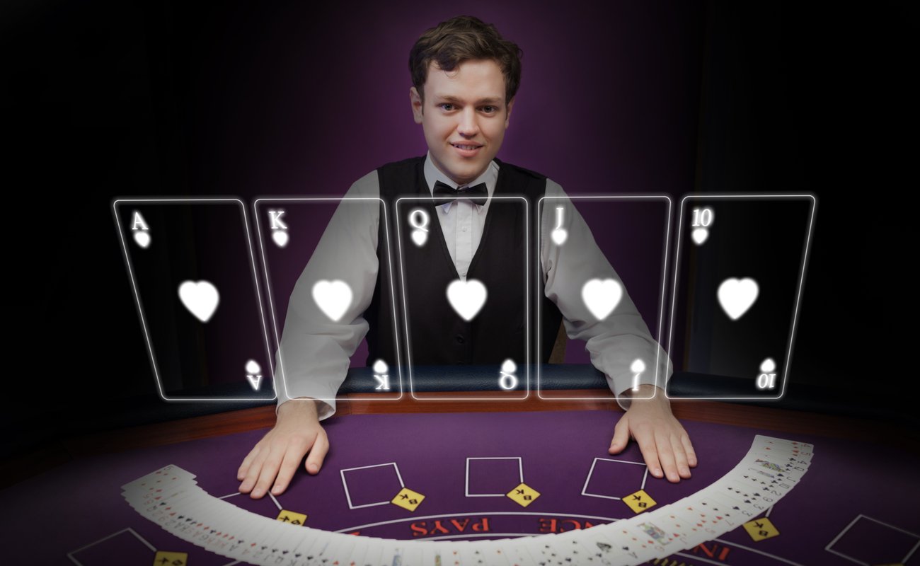 A dealer smiling with holographic cards floating in front of him on a purple poker table.