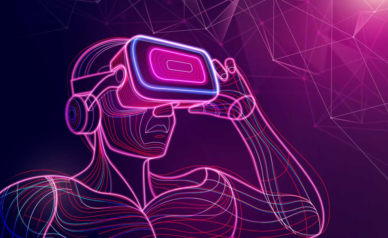 An illustration of a person made of neon lines using a virtual reality headset holding it with their left hand. 