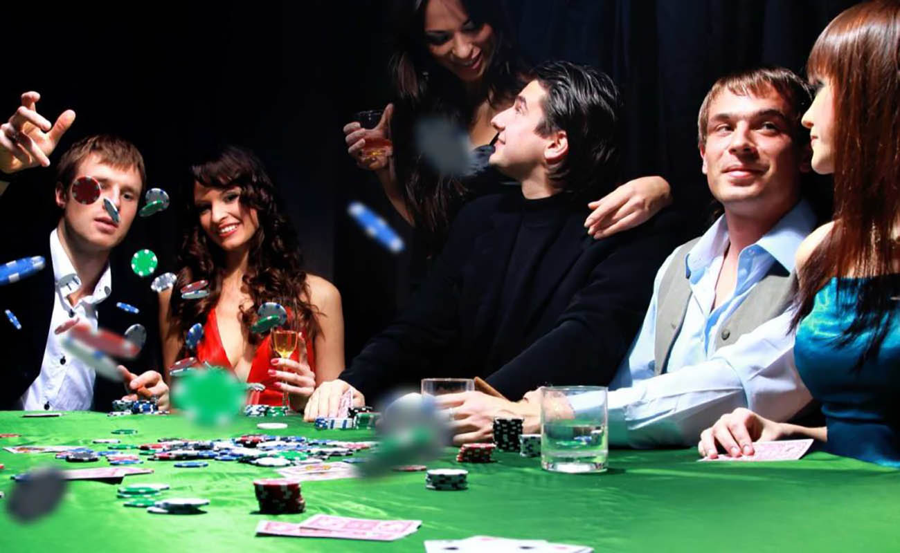 three couples playing poker with one man throwing casino chips at the table