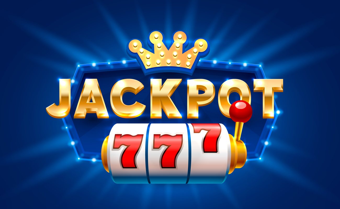 Big gold lettering spells out ‘JACKPOT’ with three 7 numbers on the slot reels, on a blue background.