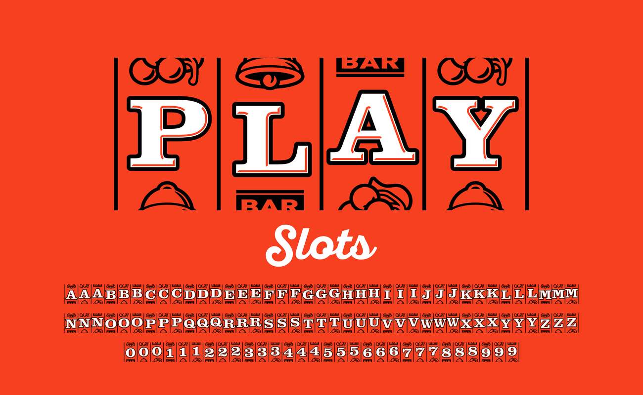 Slot machine style font, alphabet letters and numbers vector illustration