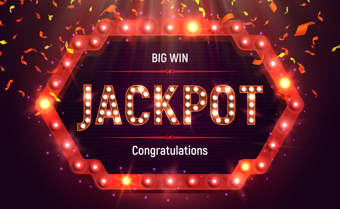 Shining retro Jackpot banner illuminated by spotlights with confetti
