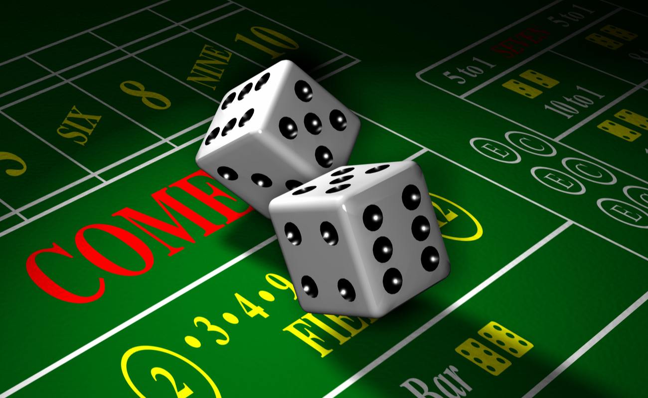 Computer-generated 3D illustration depicting a roll of the dice on a craps gaming table
