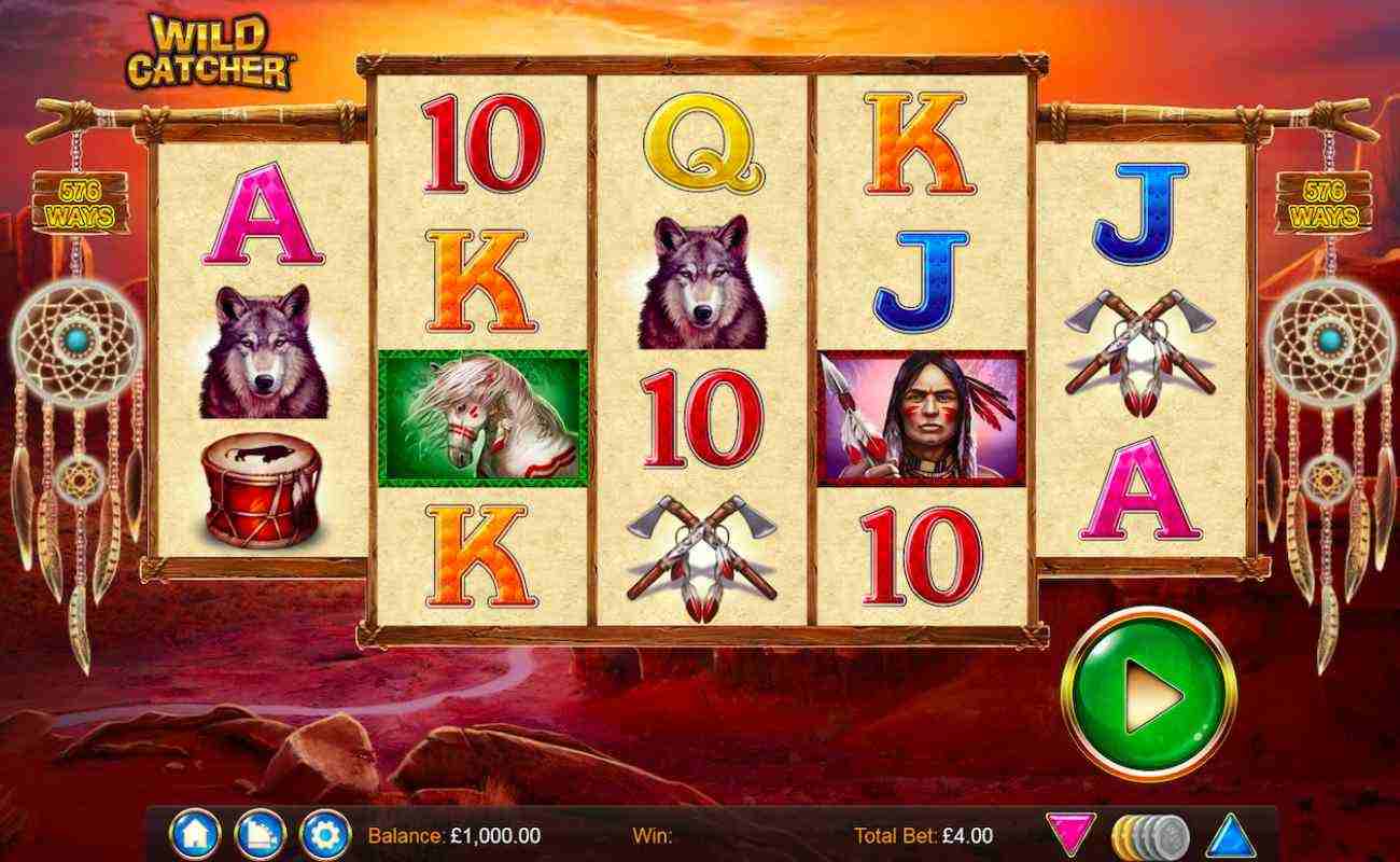 Wild Catcher slots with dreamcatchers, green play icon and native American symbols