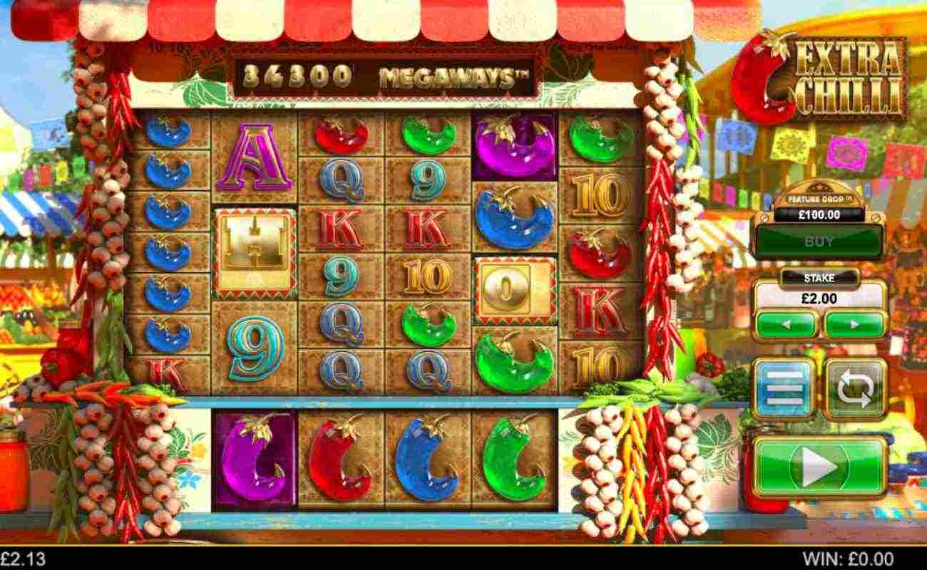 Extra Chilli slots screenshot with colorful gameplay, showing various vegetables