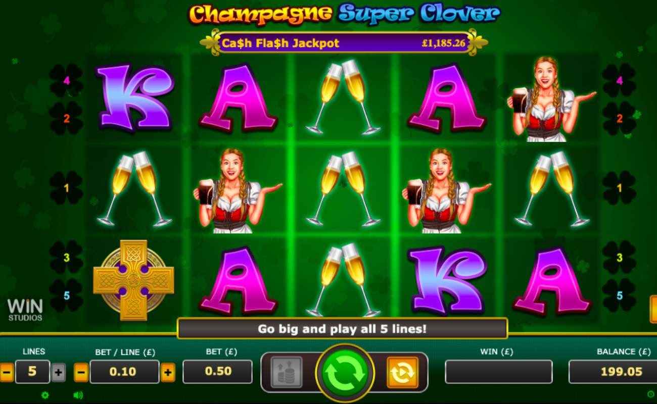 Champagne Super Clover slots gameplay, symbols on green background