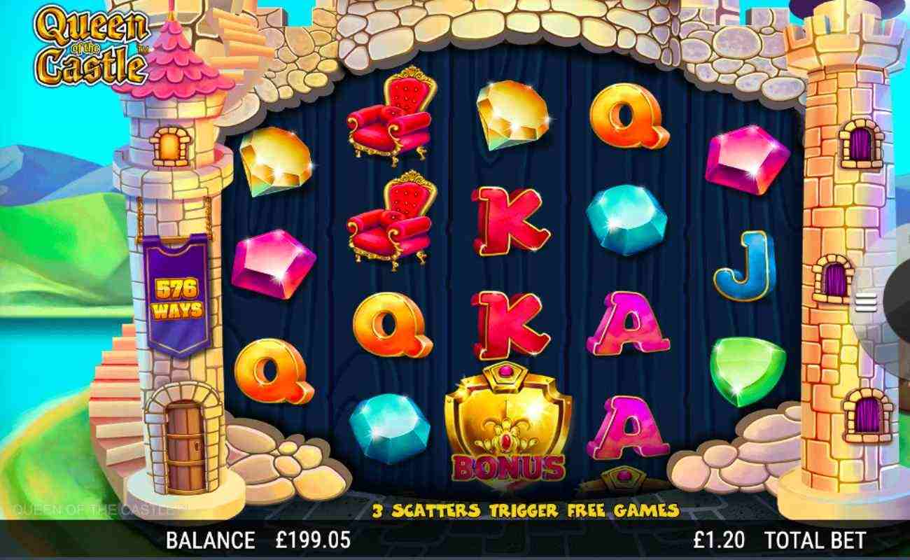 Queen of the Castle slot screenshot with gemstones, letters and chair symbols on castle-themed reel