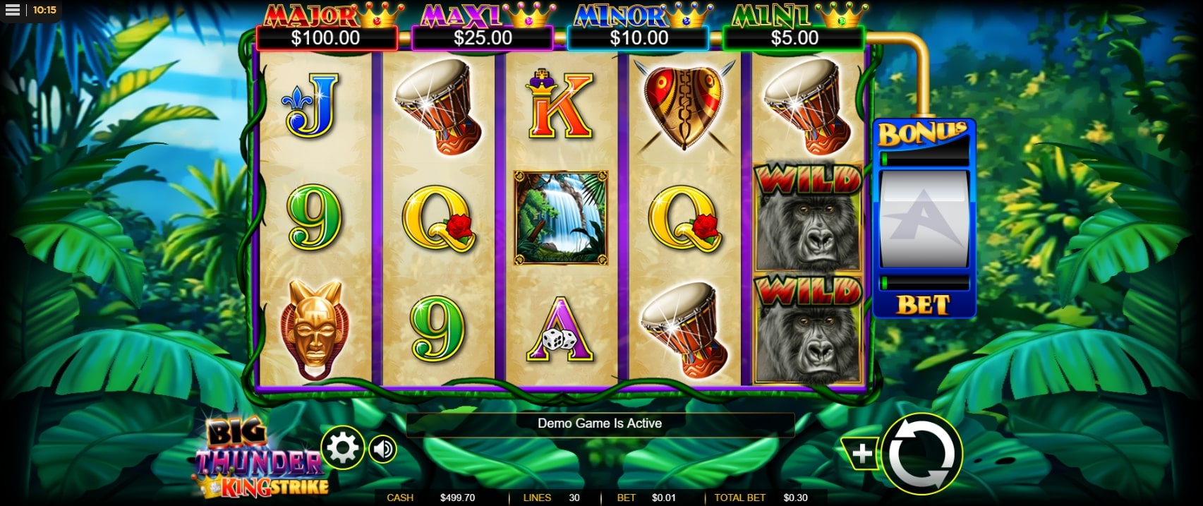 Big Thunder King Strike slot screenshot with two gorillas and jungle in the background