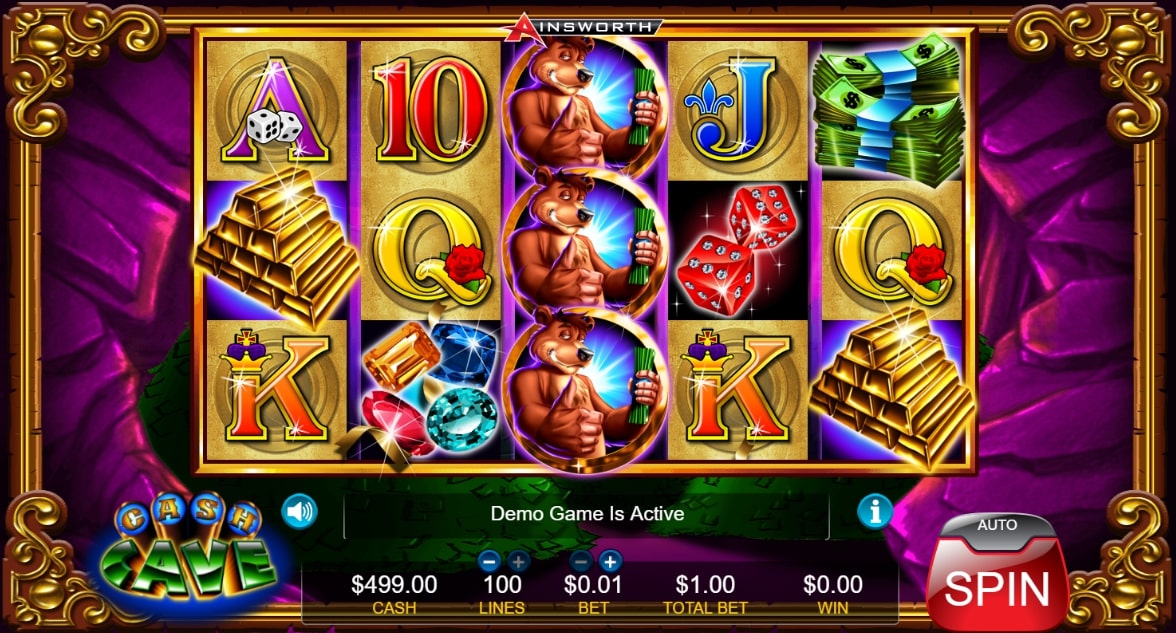 Cash Cave slot screenshot of the demo game with three bears 