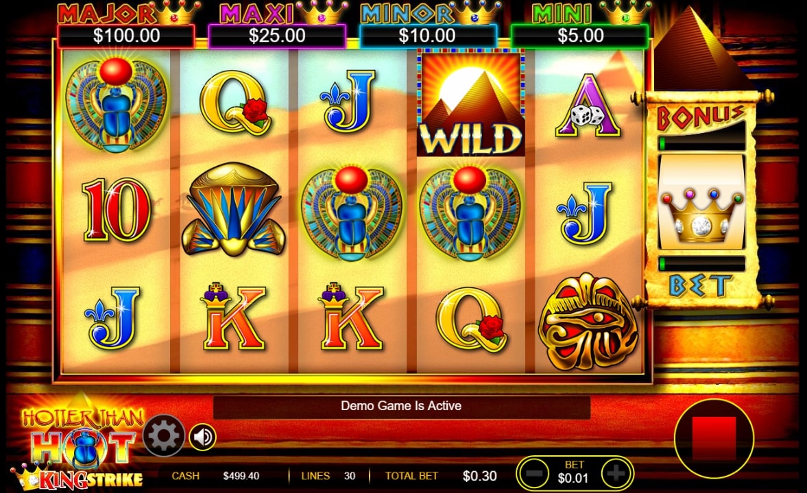 Hotter Than Hot King Strike slot screenshot showing three scarab symbols from ancient Egypt