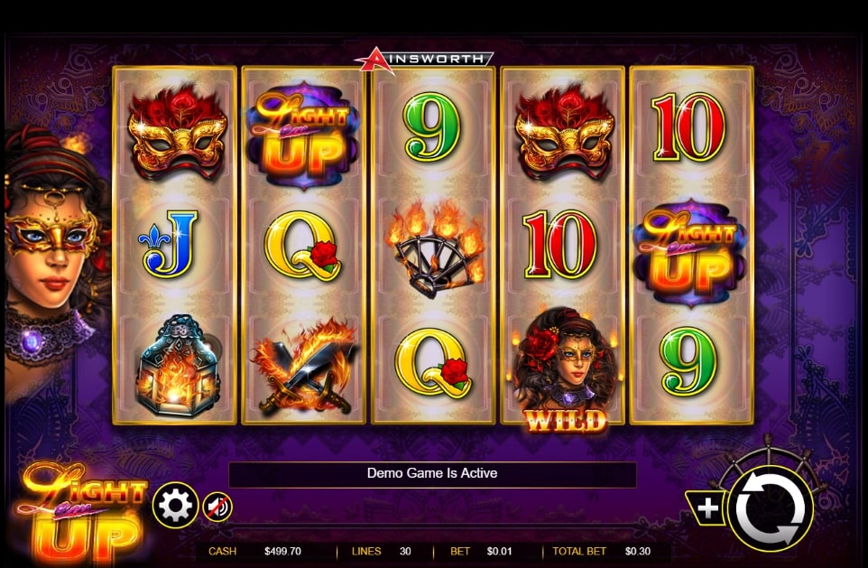 Light Em Up slot screenshot with two 9 and two 10 and a purple background