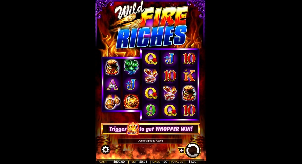 Wild Fire Riches slot screenshot with colorful graphics and flames in the background