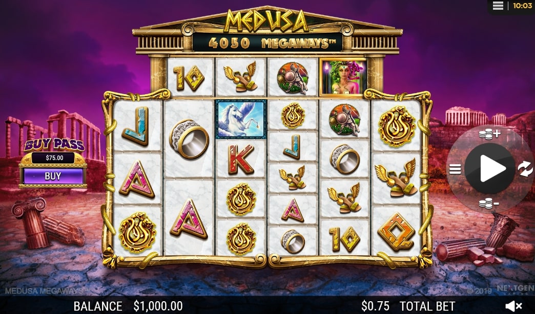 Medusa slot screenshot with ancient Greece themed graphics and Greek ruins in the background
