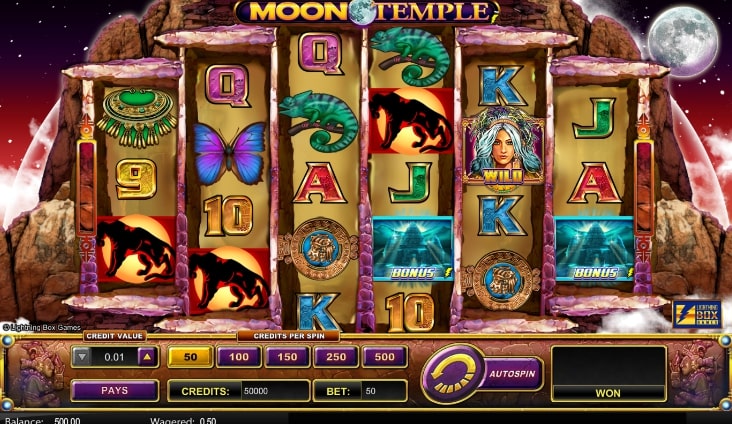 Moon Temple slot screenshot with two chameleons and various symbols