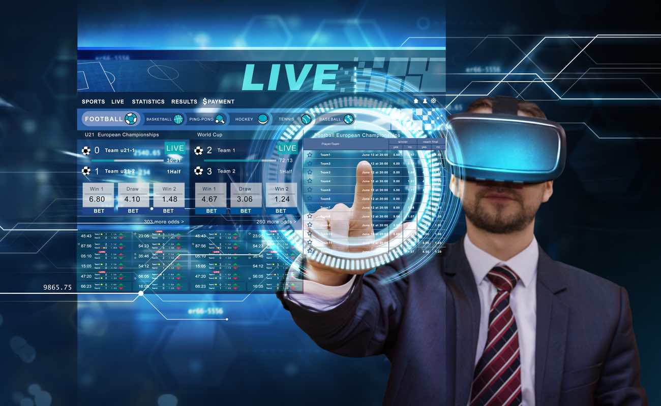 Futuristic gambling concept featuring front view of a man wearing vr glasses placing bets online virtual digital sensor screen