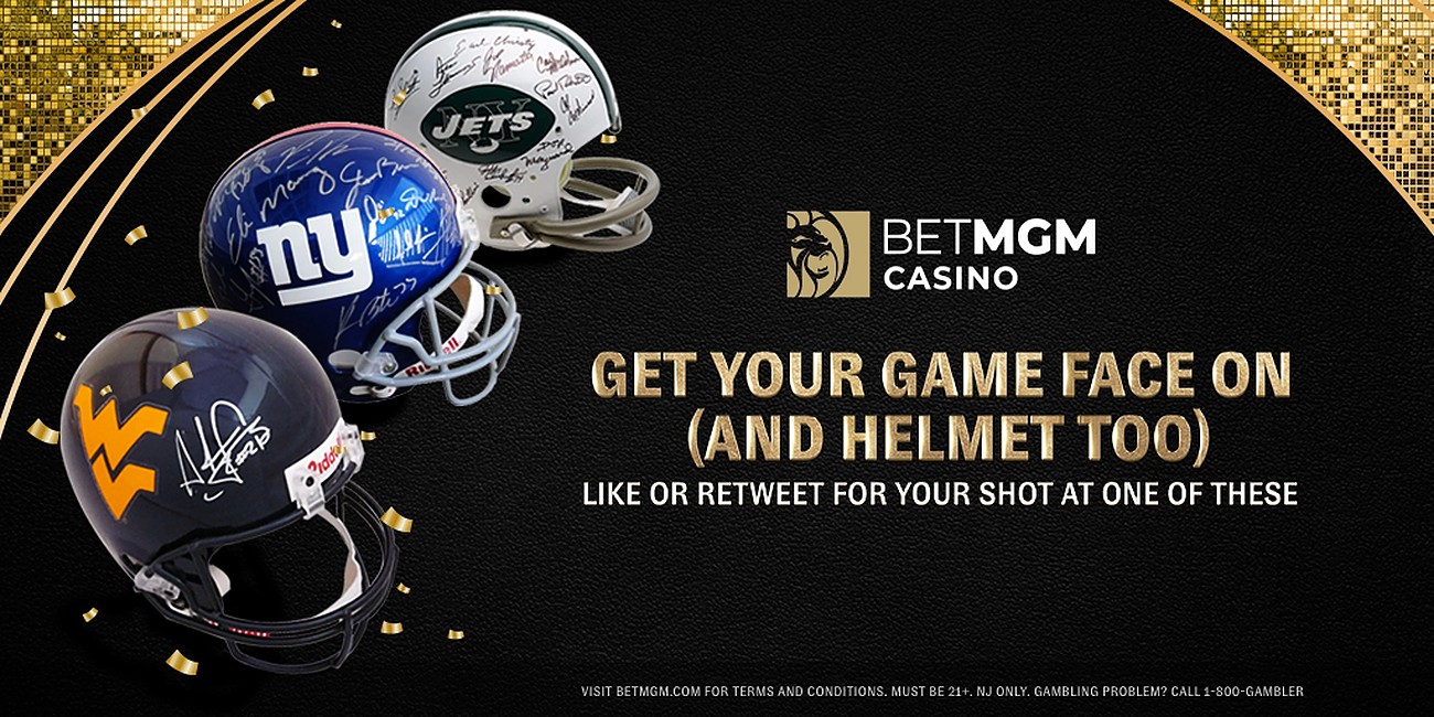 New York Giants, New York Jets, and WVU Helmets Next to a BetMGM Logo and Giveaway Details