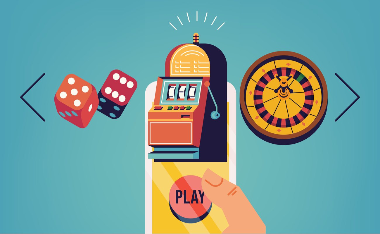 Vector concept design on mobile gambling application with hand holding smartphone choosing between slot, roulette and dice games.