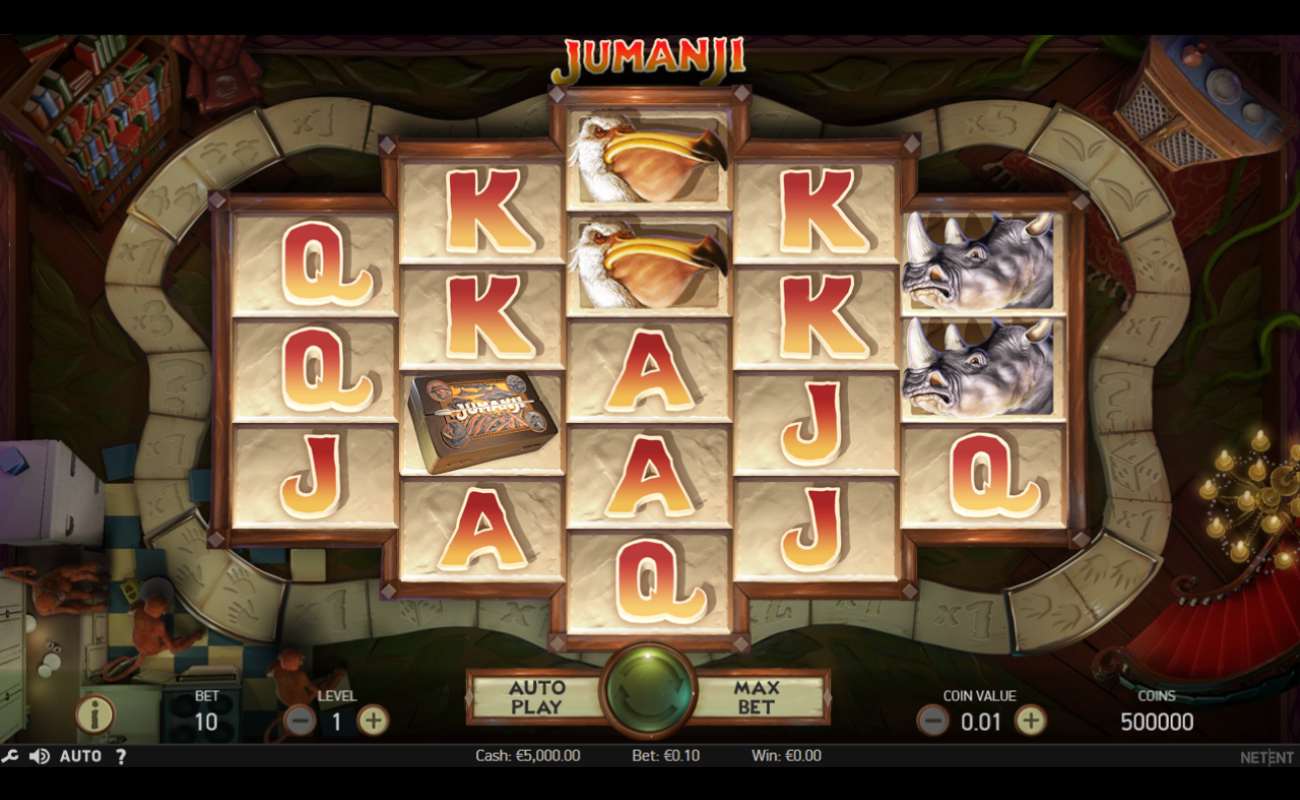 The Jumanji online slot reel during regular play.