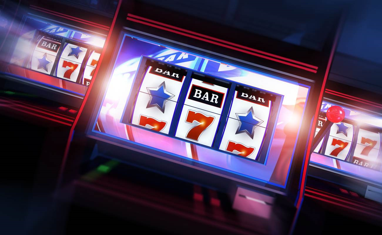 A stylized rendering of three slot machines.